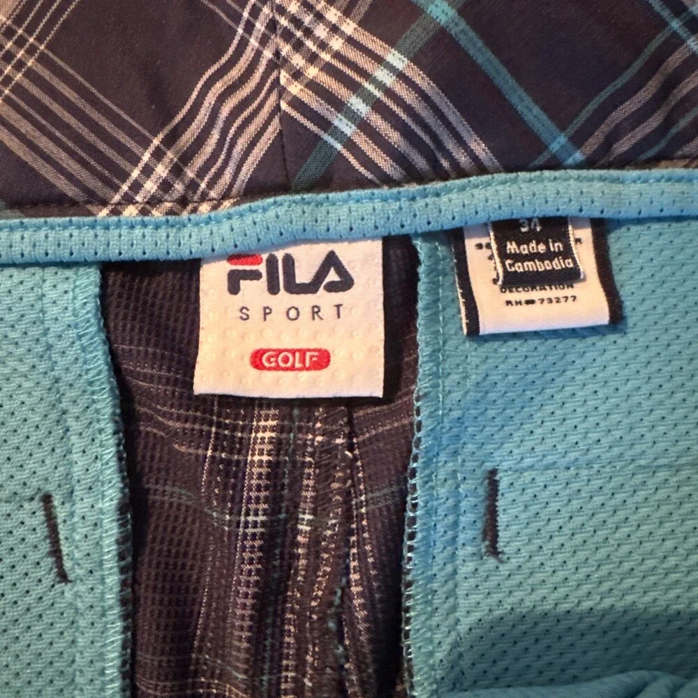 FILA SPORT Golf Men’s Plaid Performance Shorts Gray Turquoise Stretch-Sz 34